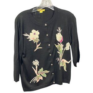 Catherine Black Silk Cardigan With Floral Embroidery & Button Front Size L 22L